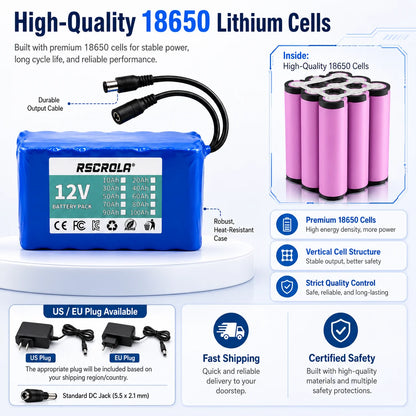Rechargeable 12V 18650 Lithium Battery Pack with BMS, for Solar, LED Light, RC Model, Power Supply, Long Cycle Life with Charger