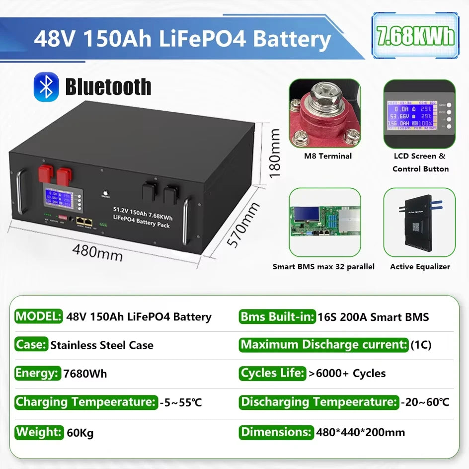 LiFePO4 48V 400Ah 20Kwh Battery 6500 Cycles 51.2V 100Ah 120Ah 150Ah 200Ah 300Ah 600Ah Lithium Solar Energy Storage AKKU EU STOCK