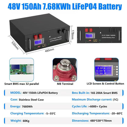 LiFePO4 Battery 48V 100AH 150AH 300AH 51.2V Lithium Solar Battery 6000+ Cycles With Bluetooth BMS For Home Storage EU Stock