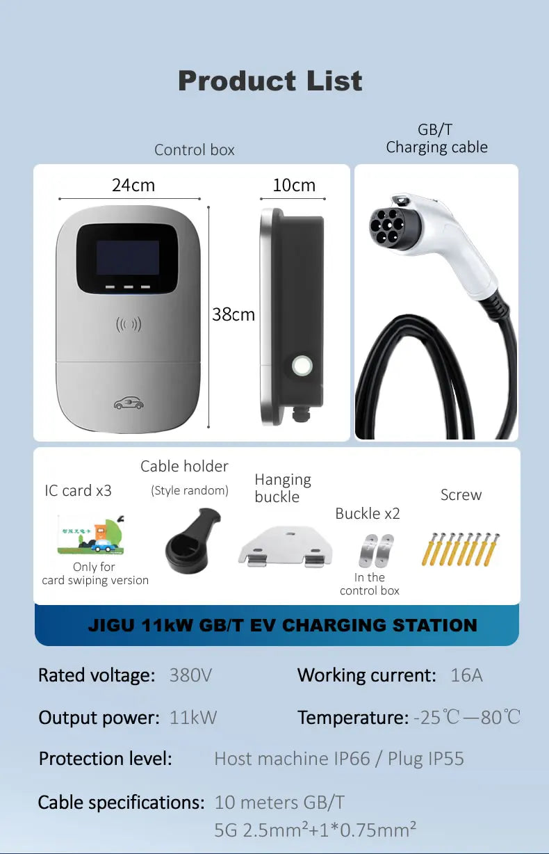 JIGU 11KW Electric Vehicle Charger GBT Car Charging Station Wallbox 380V EV Charger 16A GB/T Charging Cable 10 meters