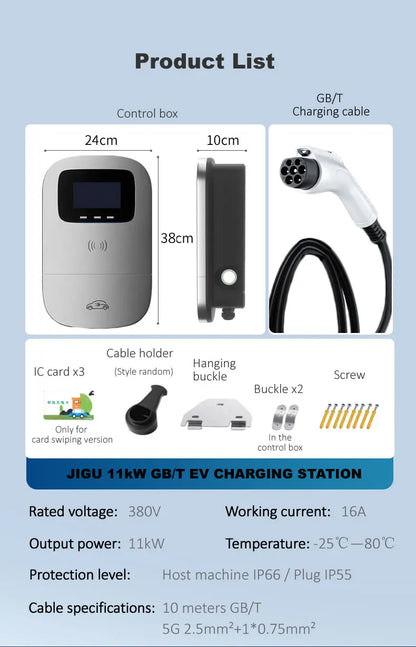 JIGU 11KW Electric Vehicle Charger GBT Car Charging Station Wallbox 380V EV Charger 16A GB/T Charging Cable 10 meters