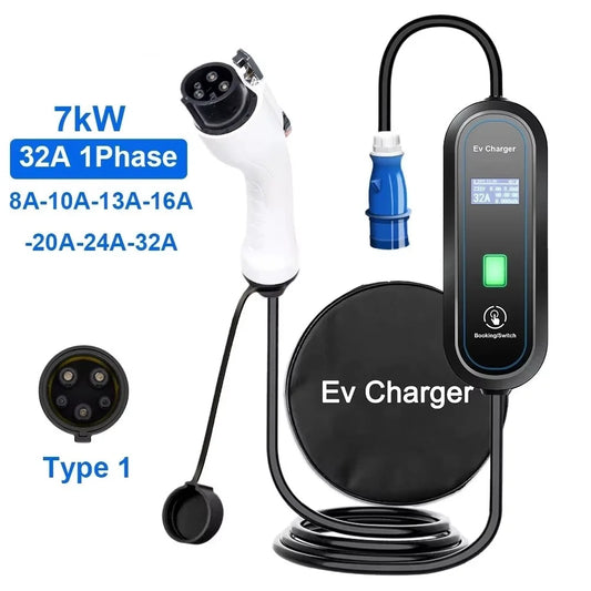Portable Electrical EV Charger Type2 32A 7KW EVSE Adjustable Current Type1 Wallbox Fast Charging GBT Cord Charging Station