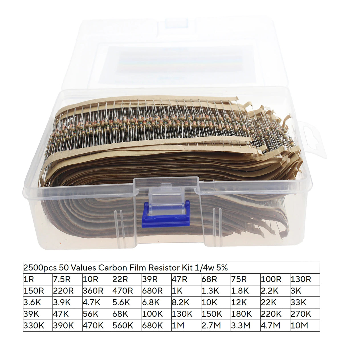 2500pcs Resistor Kit, 1/4W 5% Tolerance Carbon Film Resistors 1 Ohm-10M Ohm 50 Types 10R 39R 680R 56K 470K 3.3M 4.7M Ohm