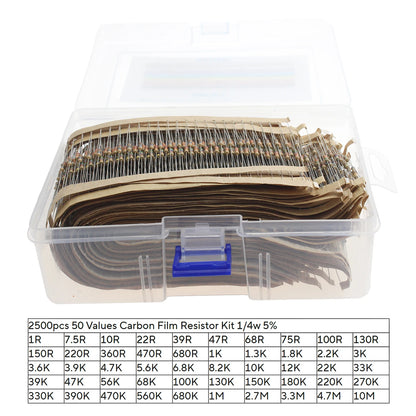 2500pcs Resistor Kit, 1/4W 5% Tolerance Carbon Film Resistors 1 Ohm-10M Ohm 50 Types 10R 39R 680R 56K 470K 3.3M 4.7M Ohm