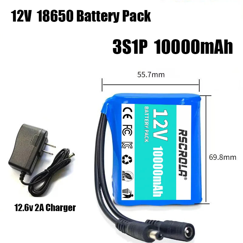 Rechargeable 12V 18650 Lithium Battery Pack with BMS, for Solar, LED Light, RC Model, Power Supply, Long Cycle Life with Charger