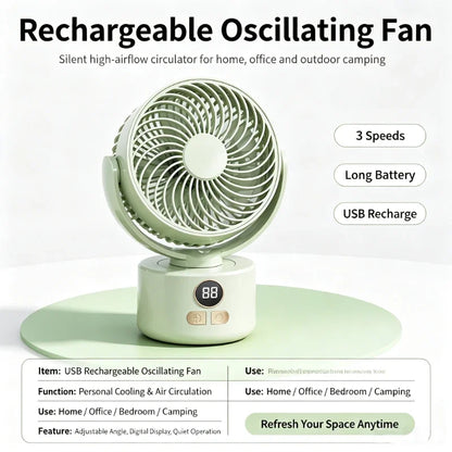 USB Rechargeable Silent Oscillating Fan with Long Battery Life High Airflow Outdoor Camping Circulator for Home Office Use