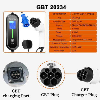 Teschev Type 1 Portable EV Charger 7KW 32A 1Phase Wallbox GBT EVSE Fast Charging Cable CEE Plug Electrical Home Charging Station