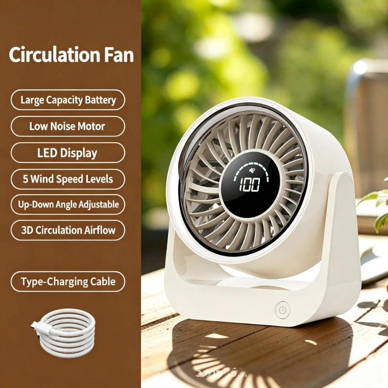 USB Rechargeable Air Circulator Fan with Digital Display Long Battery Life Small Desk Fan for Office Dorm Home Portable