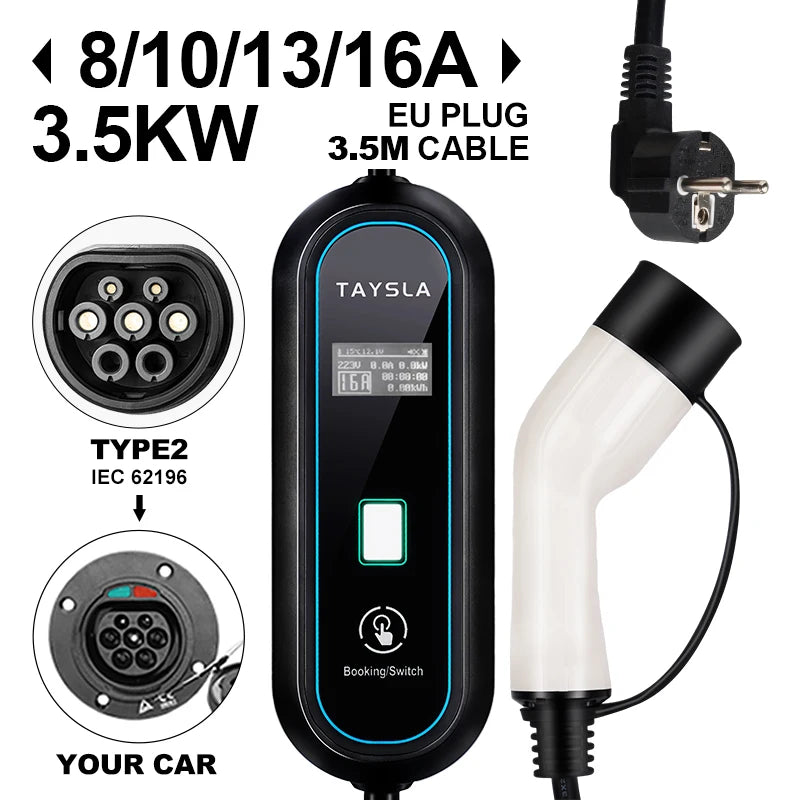 TAYSLA EV Charger Type 2 IEC62196-2 Portable EVSE Charging Cable 16A 3.5KW EV Charging Station Wallbox EU Plug for Electric Car