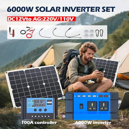 6000W Complete Solar Power Kit 12V to 110V/220V Off-Grid System 100A Controller Solar Panel Inverter for Home, Camping, Backup