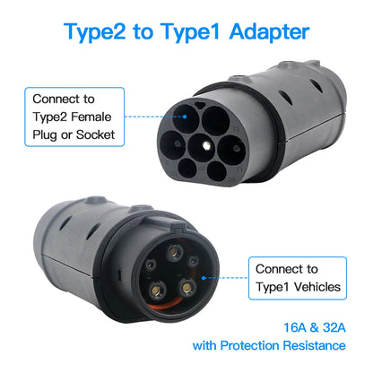 Electric Car Charging Adapter Barrel，32A EV charger converter charging station IEC 62196 Type2 to J1772 Type1 and Type1 to Type2