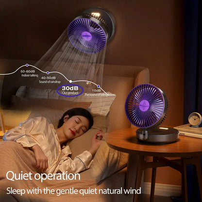 Rechargeable 3-in-1 Foldable Fan, 4-Speed, Warm Nightlight, Wall/Desk Mount, 90° Fold for Home/Office