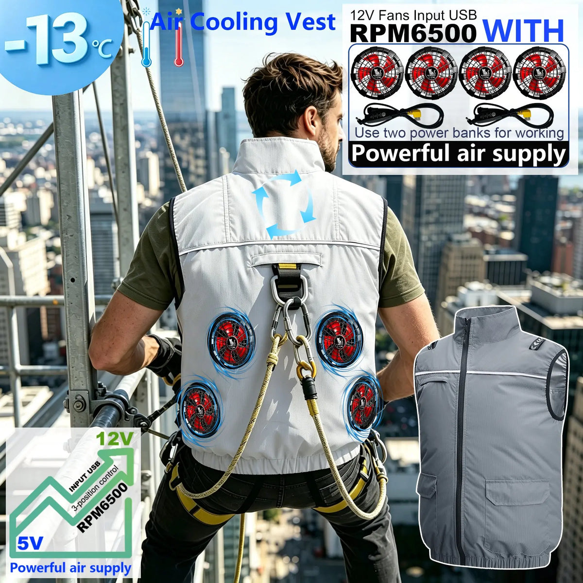 NEWS USB 12V/5V 4Fan Couples Summer Breathable Cooling Vest Sleeveless Fan Air Conditioner Jacket Heat Resistant Outdoor Workwea