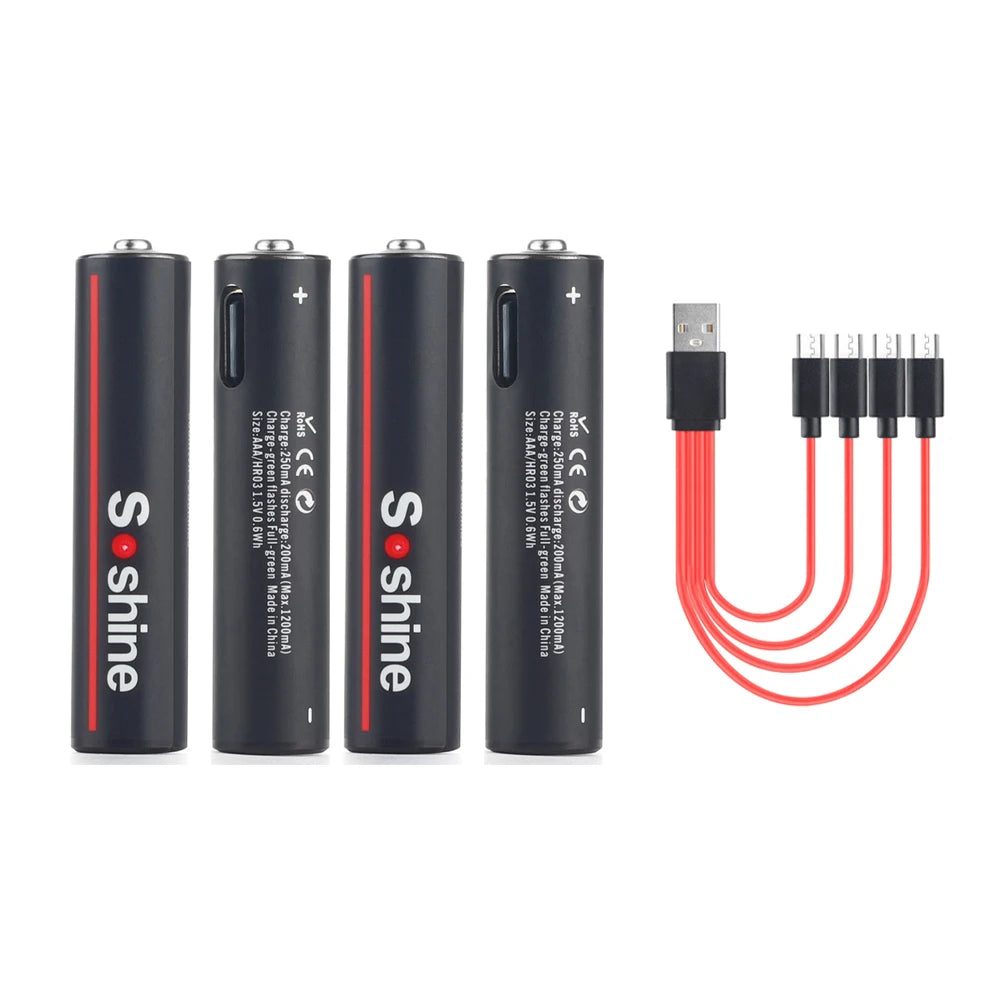Soshine AA and AAA Li-ion Rechargeable Batteries USB Lithium 1.5V AA 2600mWh 3500mwh 4200mwh +1.5V AAA 600mwh 1100mWh Battery