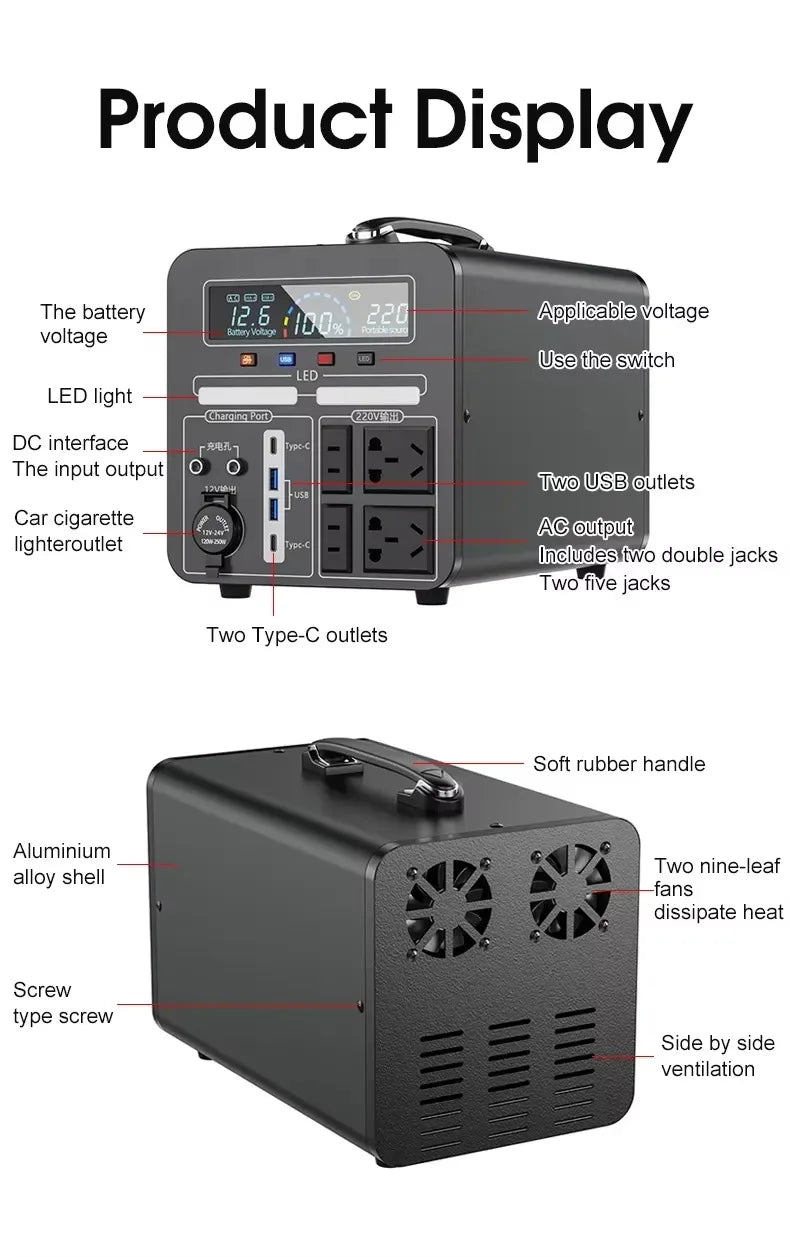 Solar Generator 1000W 700Wh LiFePO4 Power Station with MPPT and Flashlight Pure Sine Wave 110V 220V for Home Camping Portable