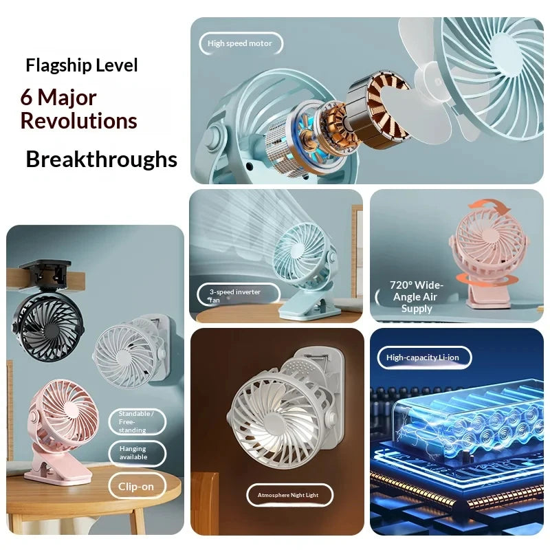 Rechargeable Portable Mini Electric Fan720 °Rotating Hanging Clip Fan Night Light Air Cooler Outdoor Camping Small FanVentilador