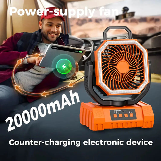 Rechargeable Camping Fan with 20000mAh Battery 4 Speeds LED Light And Hook - Outdoor Fan for Party Power Outage And Fishing
