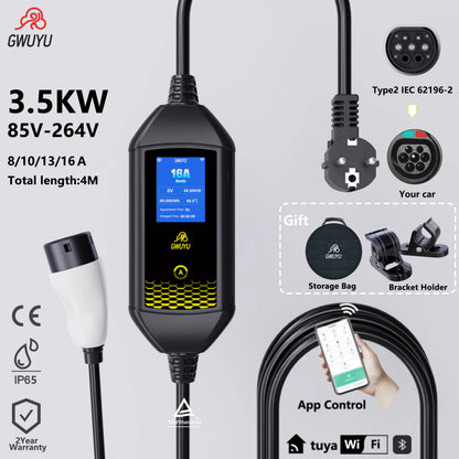 Portable EV Charger 3.5KW AC EV Charging Station Type2 J1772 GBT Portable EV Charging Pile with 2.8 Inch LCD Screen APP Control