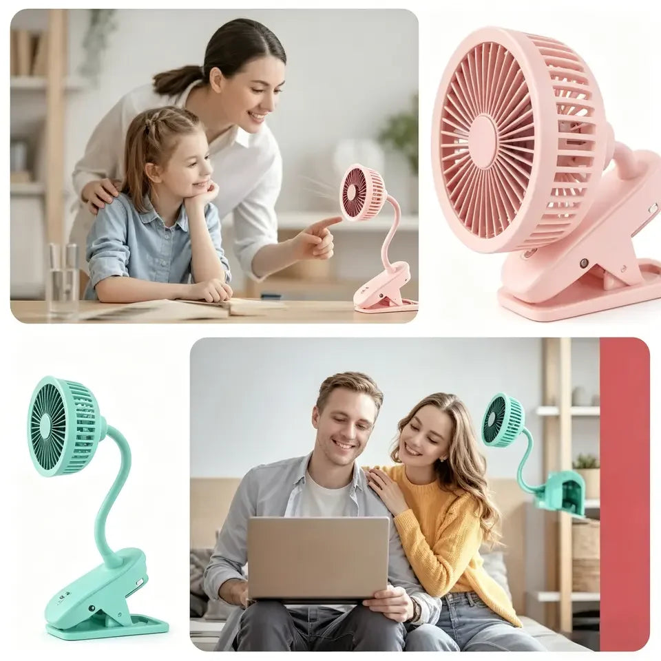 USB Rechargeable Clip on Small Fan 360° Adjustable Battery Powered Mini Fan Strong Wind Flexible Neck Desktop Stroller Quiet Fan