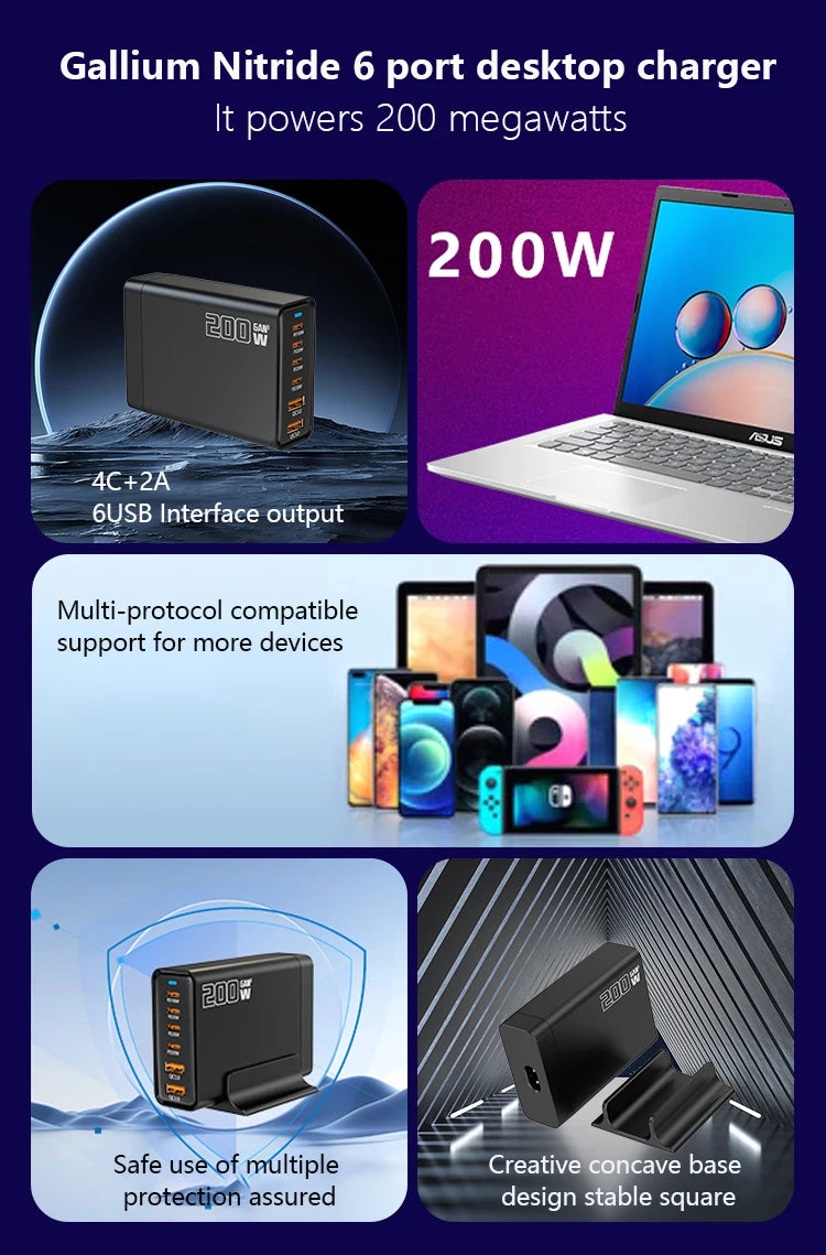 200W Gallium Nitride Multi Port Charging Station - Electronic Devices for Mobile Phones/Tablets Can Be Charged Simultaneously