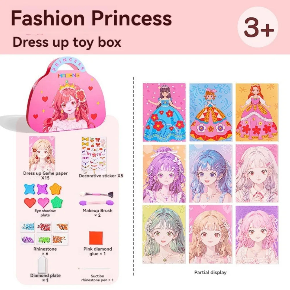 New 3 in 1 DIY Princess Makeup Set Diamond Sticker Princess Dress Up Book Gifts Paper Art Craft Kits Children