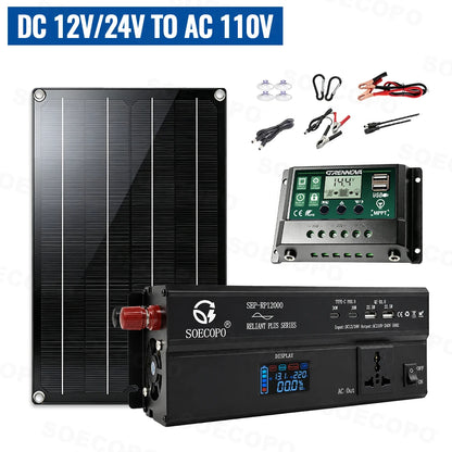 Solar System Power Kit 12000W 1000W Rated 12V/24V To 110V 220V Inverter Peak 800W Panel 60A MPPT Controller 4 USB for RV TV