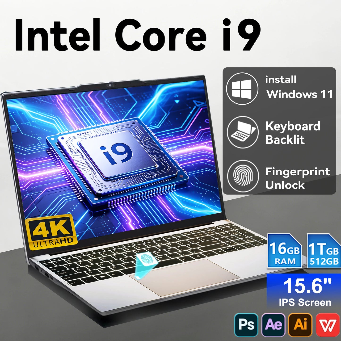 Windows 11 Pro 15.6" Ultra Slim Laptop intel Core i9-9900 16GB RAM 1/2TB SSD Fingerprint Unlock Office game Backlight Laptop
