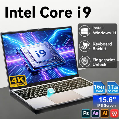 Windows 11 Pro 15.6" Ultra Slim Laptop intel Core i9-9900 16GB RAM 1/2TB SSD Fingerprint Unlock Office game Backlight Laptop