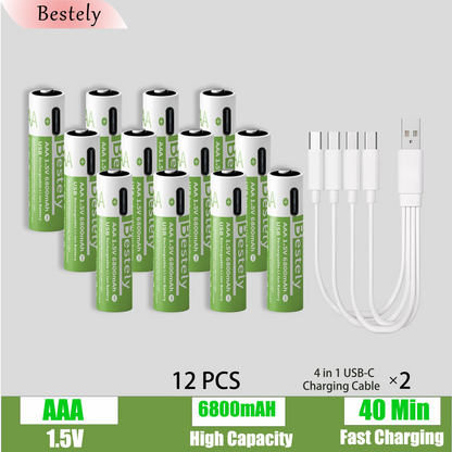 High Capacity 6800mAh 1.5v AAA Rechargeable Lithium Battery , USB-C 1.5V AAA Li-ion Battery 2000 times cycle with cable for free