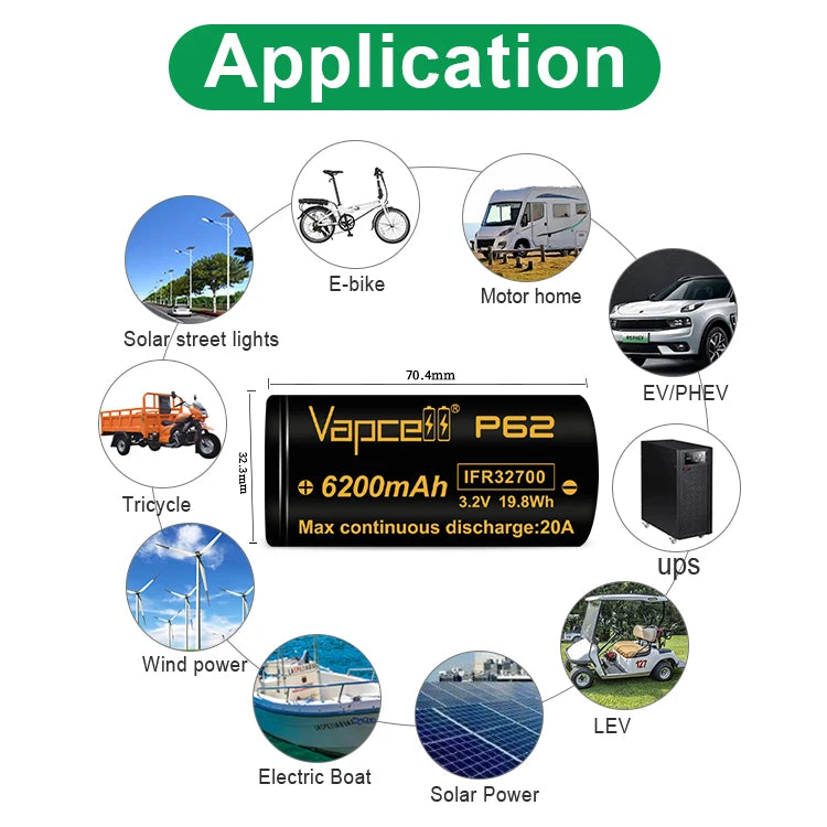 Vapcell 6200mAh P62 IFR32700 Lifepo4 High Power Rechargeable Battery 20A 3C 3.2V Max 40A 32700 Lithium Batteries