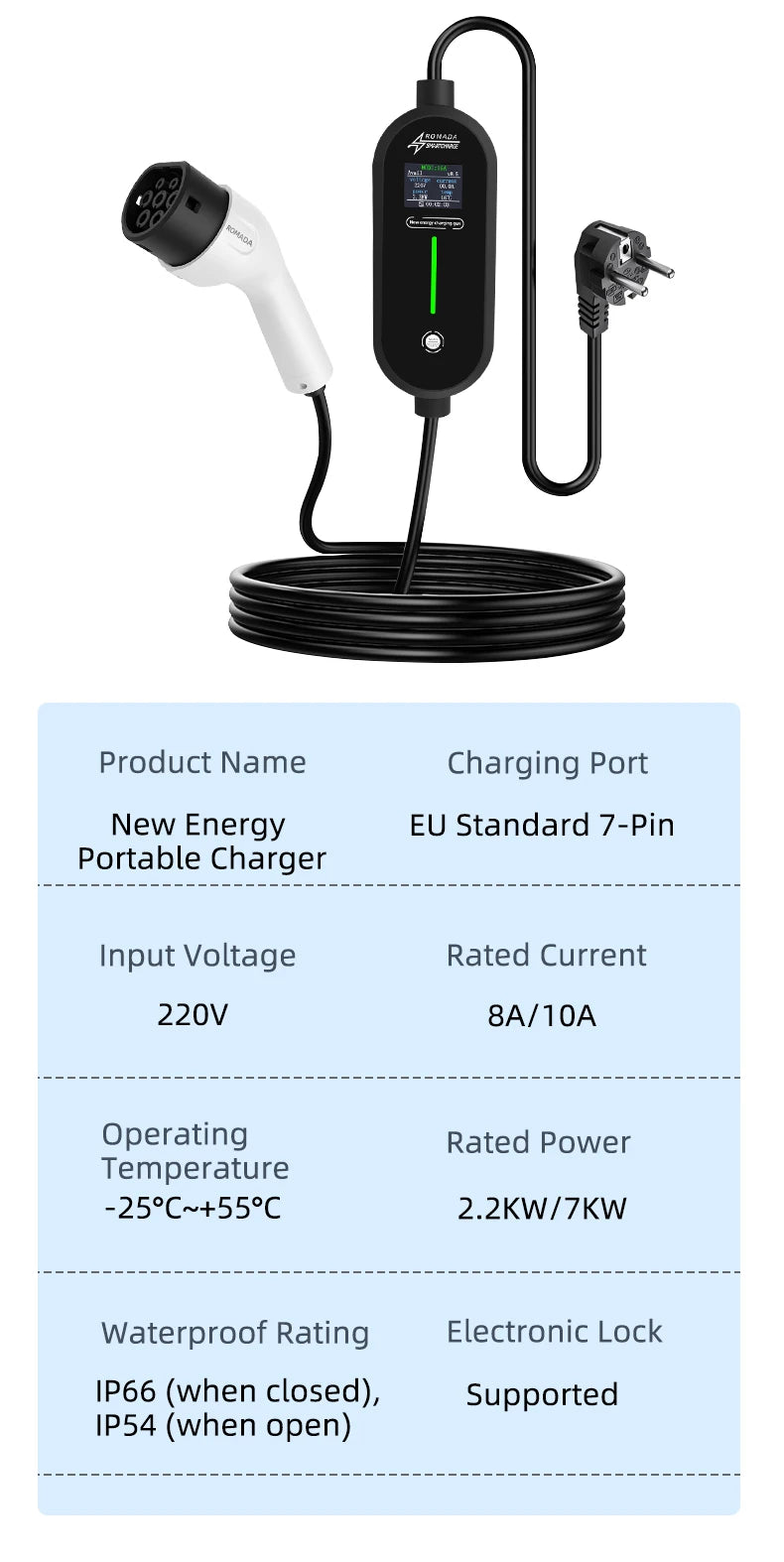 ROMADA 3.5KW 16A Type2 EV Portable Charger Gun 5M 10M Cable EVSE Wallbox Adapter EU Plug Electric Vehicle Home Charging Station