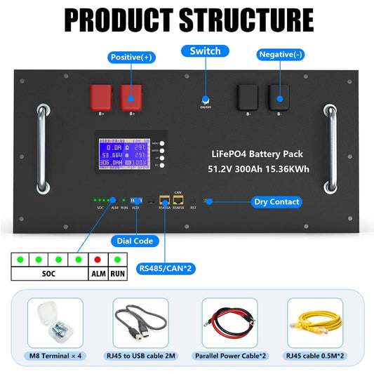 LiFePO4 Battery 48V 100AH 150AH 300AH 51.2V Lithium Solar Battery 6000+ Cycles With Bluetooth BMS For Home Storage EU Stock