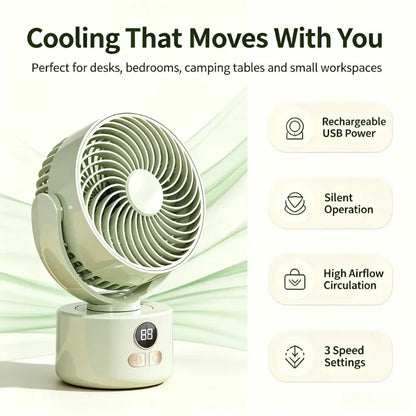 USB Rechargeable Silent Oscillating Fan with Long Battery Life High Airflow Outdoor Camping Circulator for Home Office Use