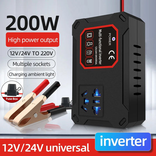 200W Portable Car Power Inverter, 12V/24V to 220V Converter Adapter with Universal Socket for Vehicle & Household Use