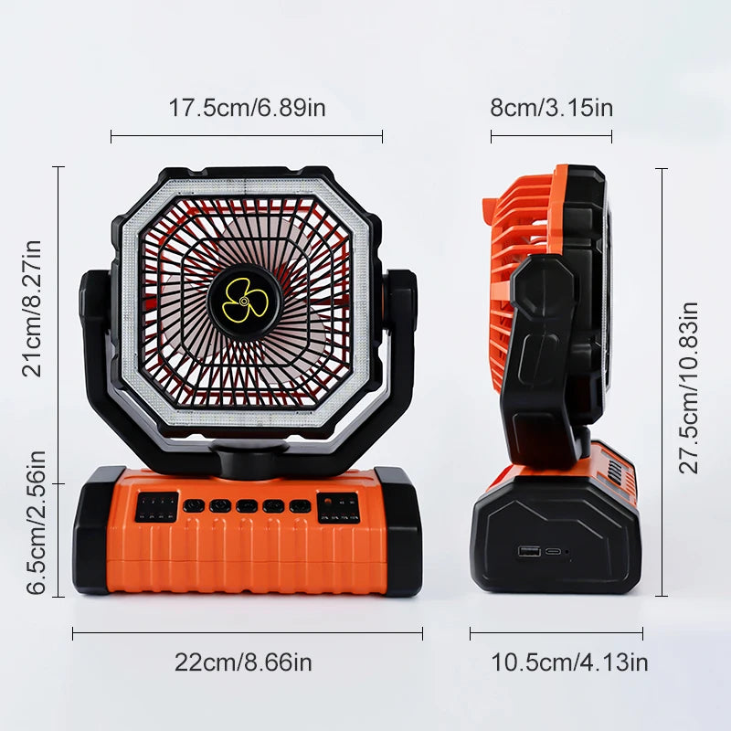 Camping Fan 10000mAh Battery Powered Fan Rechargeable with LED Light Portable Outdoor Tent Fan with Hanging Hook