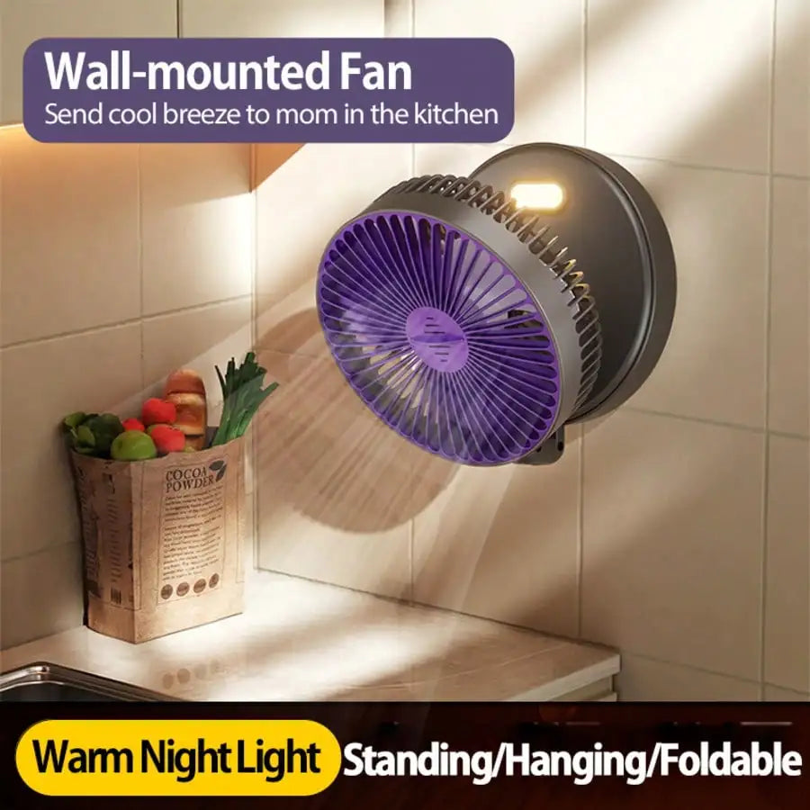 Rechargeable 3-in-1 Foldable Fan, 4-Speed, Warm Nightlight, Wall/Desk Mount, 90° Fold for Home/Office