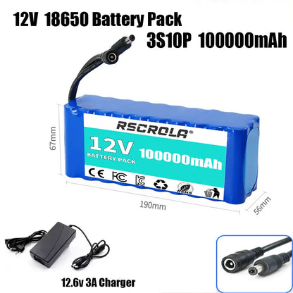 Rechargeable 12V 18650 Lithium Battery Pack with BMS, for Solar, LED Light, RC Model, Power Supply, Long Cycle Life with Charger