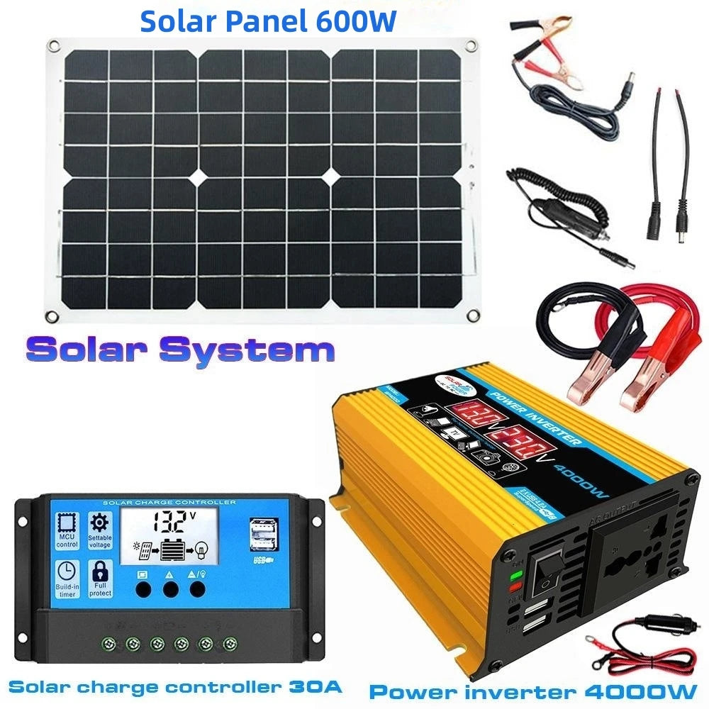 4000W Solar Inverter Kit Complete 12V to 110V/220V Solar Panel System 12V Solar Panel Battery Charge Controller Power Generation