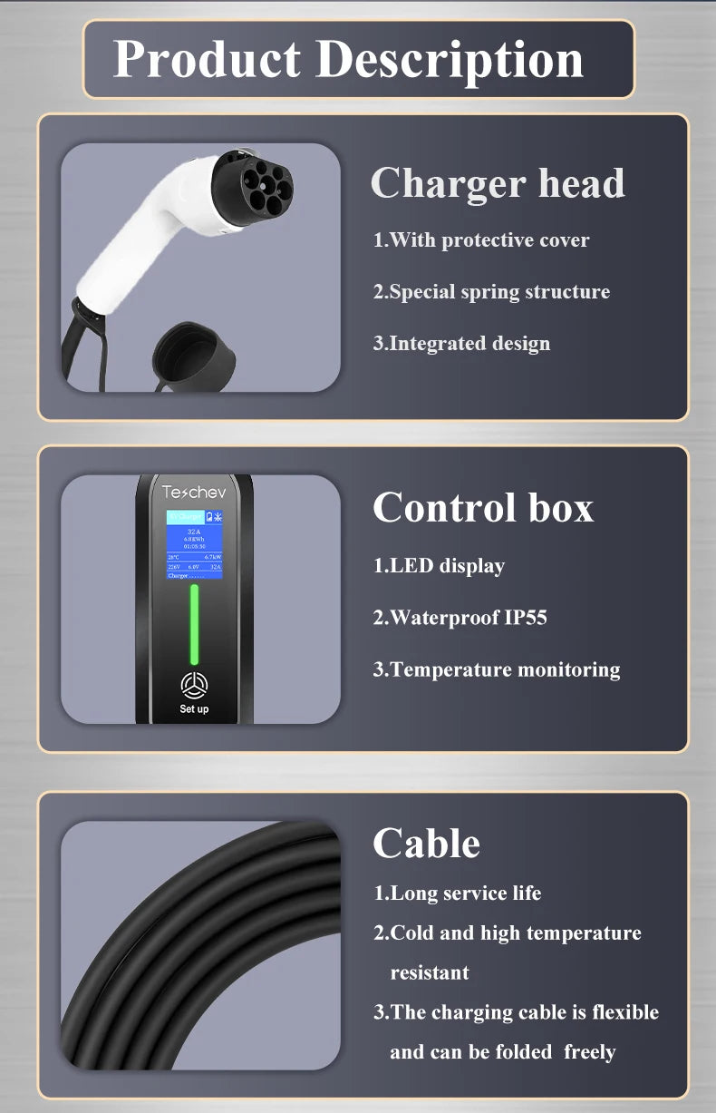 Teschev Type 1 Portable EV Charger 7KW 32A 1Phase Wallbox GBT EVSE Fast Charging Cable CEE Plug Electrical Home Charging Station