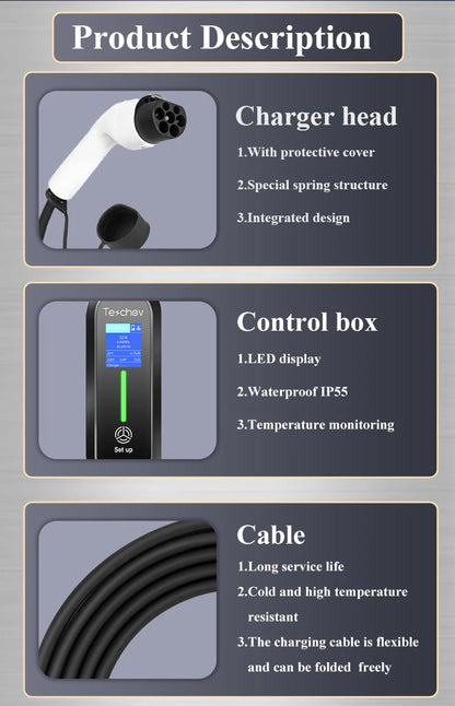 Teschev Type 1 Portable EV Charger 7KW 32A 1Phase Wallbox GBT EVSE Fast Charging Cable CEE Plug Electrical Home Charging Station