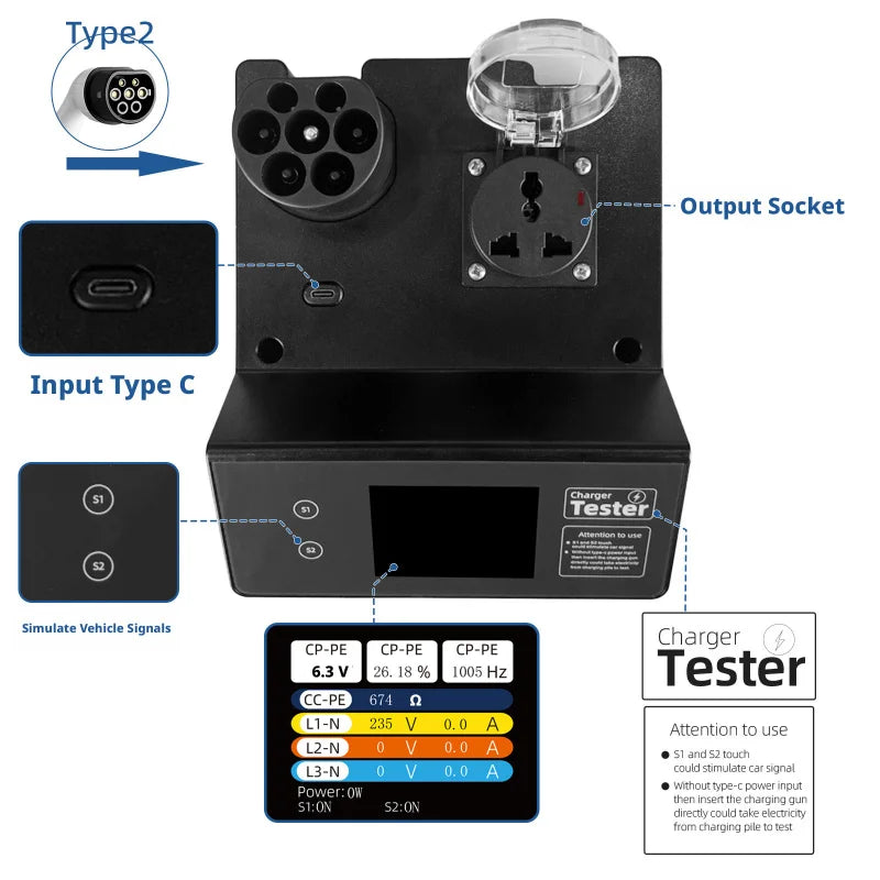 Type2 Electric Vehicle Charger Tester IEC61851 Standard EV Charging Station Test Equipment Analyzer