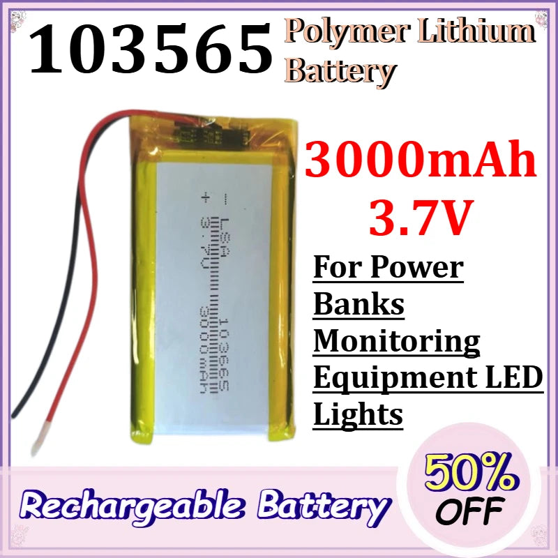 103565 3000mAh 3.7V Polymer Lithium Battery for Power Banks Monitoring Equipment LED Lights Rechargeable Lithium Batteries