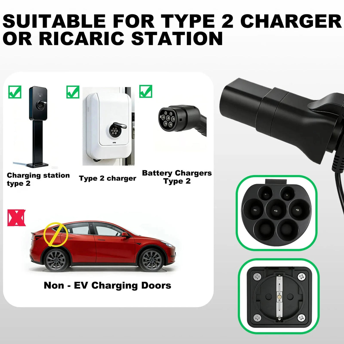 Portable EV Charging Adapter 220V Type 2 Male Plug to Schuko Socket Converter for IEC 62196-2 Charging Stations Electric Scooter