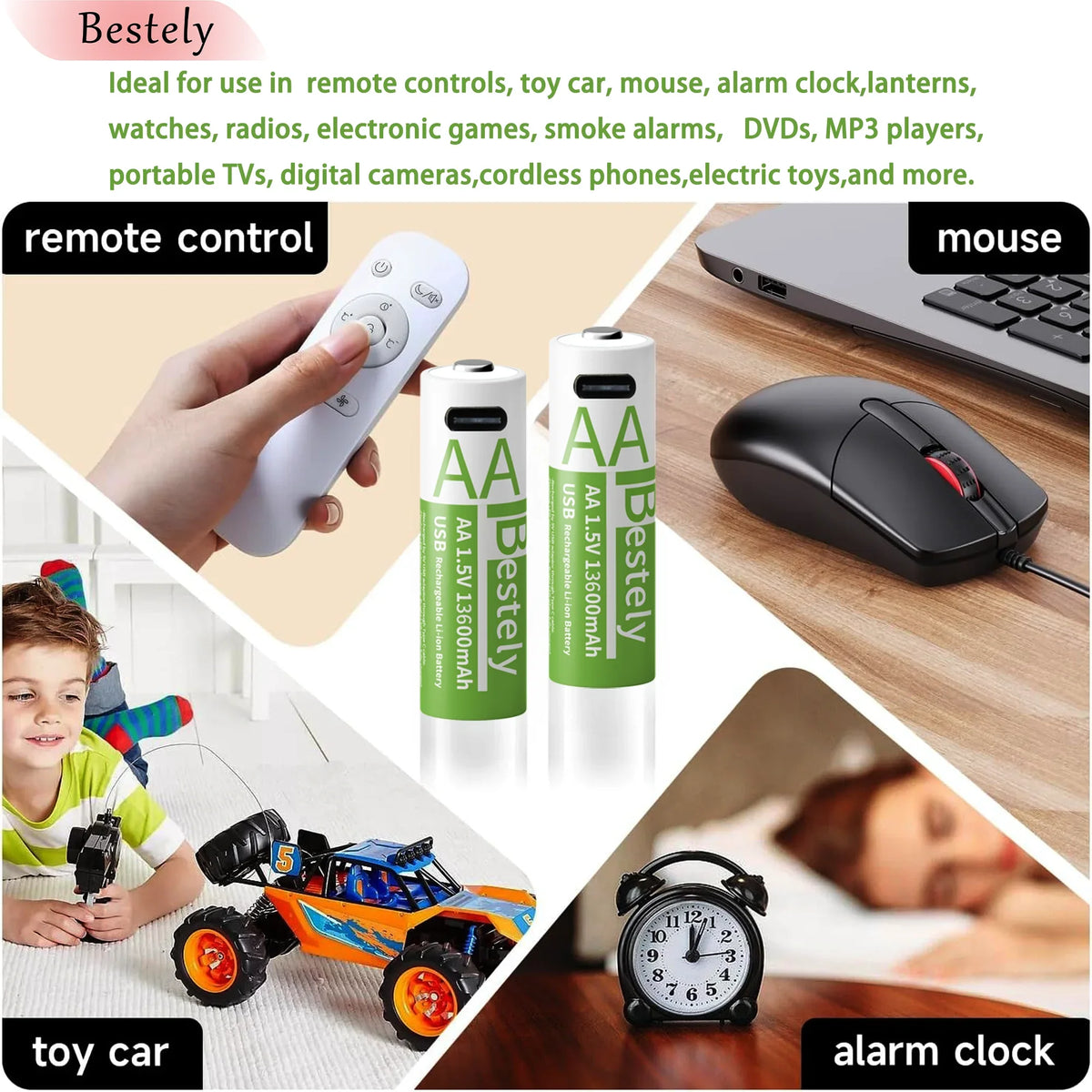 Latest Rechargeable 1.5V AA 13600mAh USB Lithium Battery , Fast Charging Li-ion AA Battery  , 2000 Cycle with USB- C Port Cables