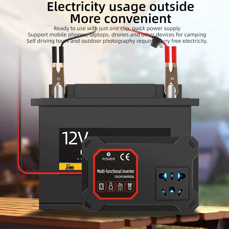 200W Portable Car Power Inverter, 12V/24V to 220V Converter Adapter with Universal Socket for Vehicle & Household Use