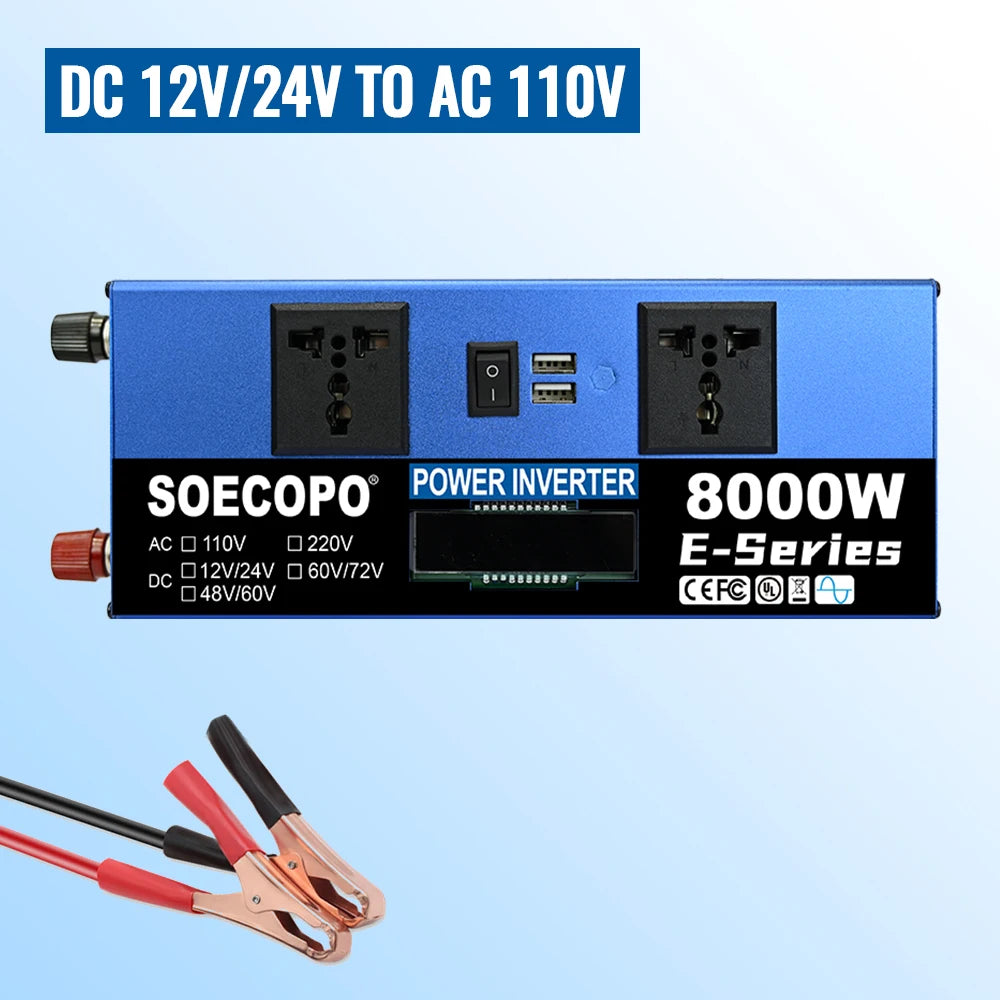 6000W-10000W Car Inverter 12V 24V to 110V 60Hz Voltage Converter Power Inverter with USB Charger for Home Solar System Generator