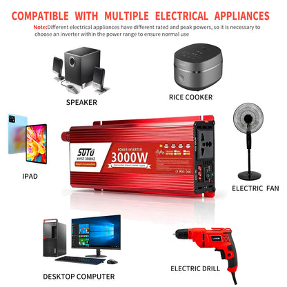 Inverter 12v 220v Pure Sine Wave  3000W DC 12v 24V To AC 220V 110V Portable Power Supply Converter Car Solar Inverter Universal
