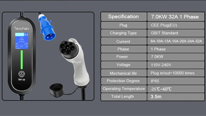 Teschev Type 1 Portable EV Charger 7KW 32A 1Phase Wallbox GBT EVSE Fast Charging Cable CEE Plug Electrical Home Charging Station