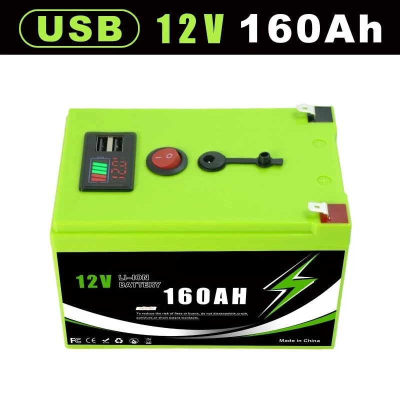 12V 160Ah/180Ah/200Ah 18650 Lithium Battery Pack with USB Port & LED Display, Portable Power Station for RV Boat Solar Storage