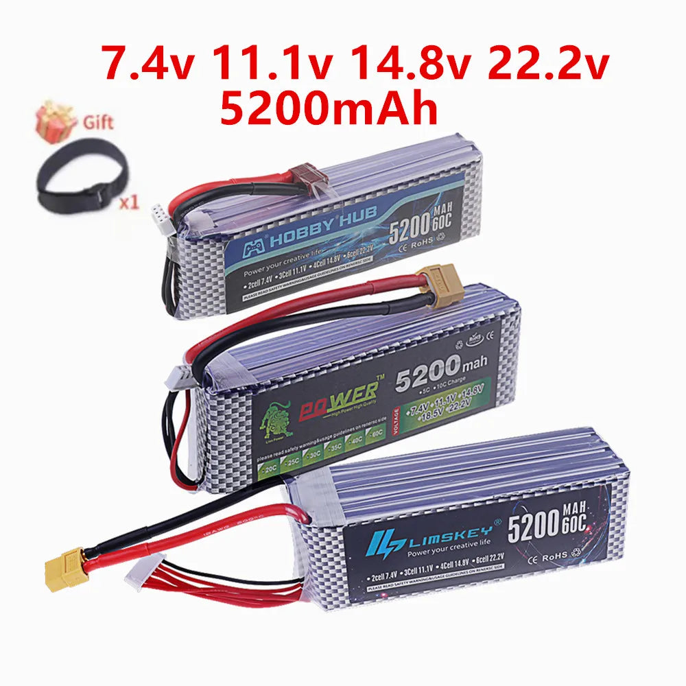 2S/3S/4S/6S 7.4v 11.1v 14.8v 22.2v 5200mah Lipo Battery 60C For RC Toys Car Truck Boats Drone Helicopter Parts With XT60 T Deans